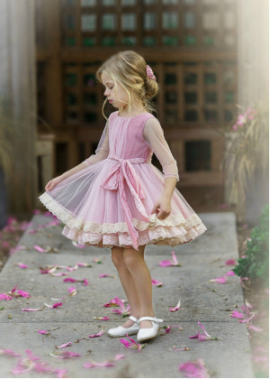 Blush Pink Tulle Layered Flower Girl Dress With Lace Hem Blush Pink Tulle Layered Flower Girl Dress With Lace Hem